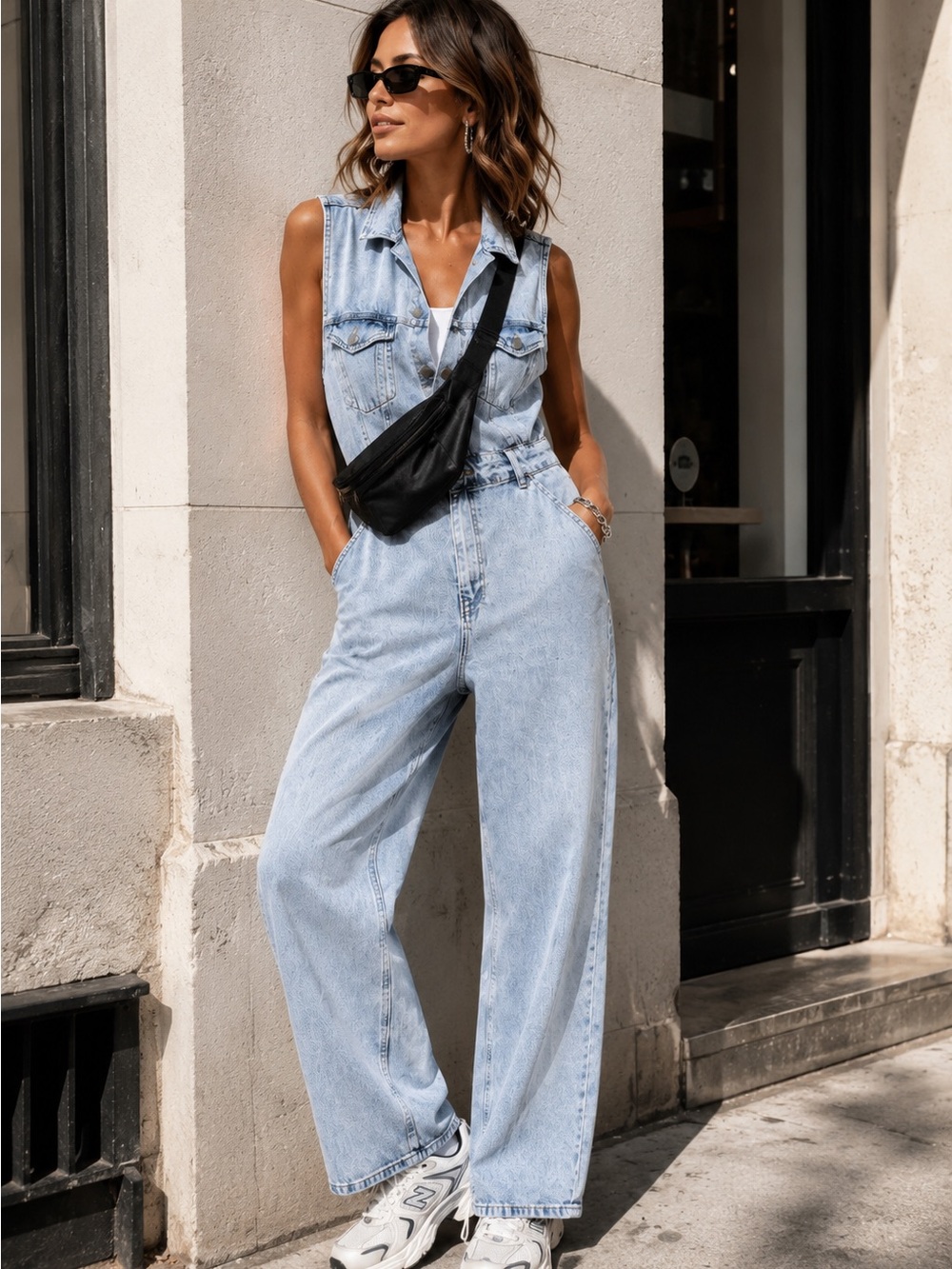 Costes Denim Jumpsuit Sleeveless Light Wash Blue Overalls Wide Leg Large Cut Tag